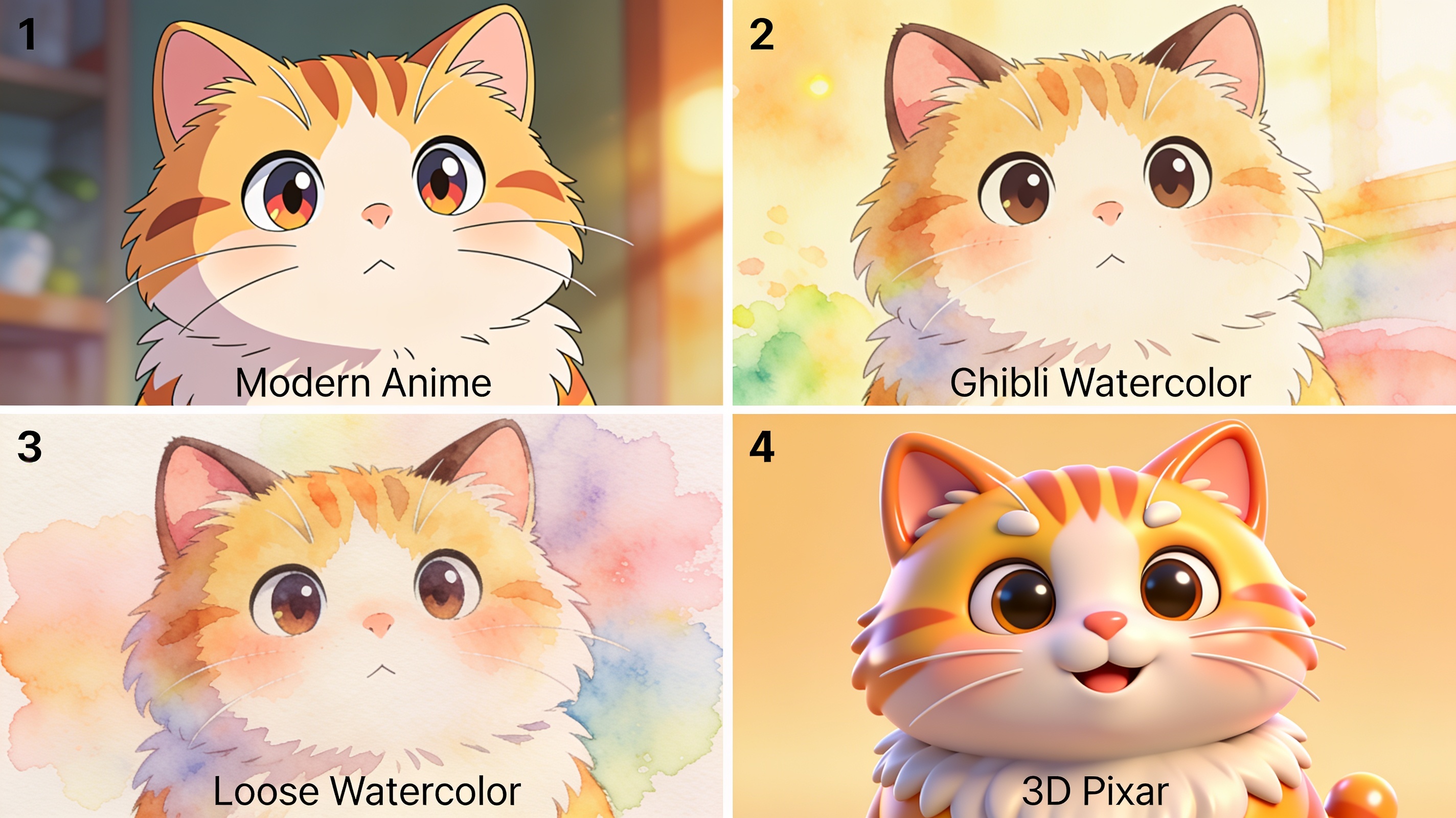 Один и тот же кот в четырёх стилях: современное аниме, Ghibli-акварель, классическая акварель и 3D-рендер