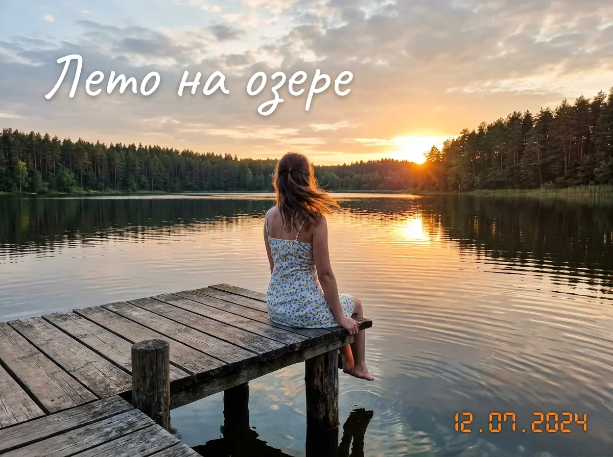 Фото девушки на причале у озера на закате с подписью «Лето на озере» в небе и оранжевой датой 12.07.2024 в углу
